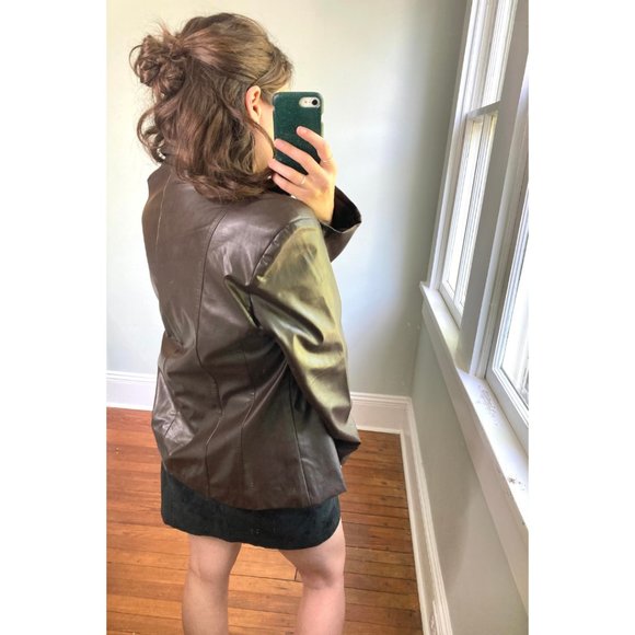 Vintage 100% Leather Y2K Chocolate Brown Blazer Jacket - Picture 6 of 9
